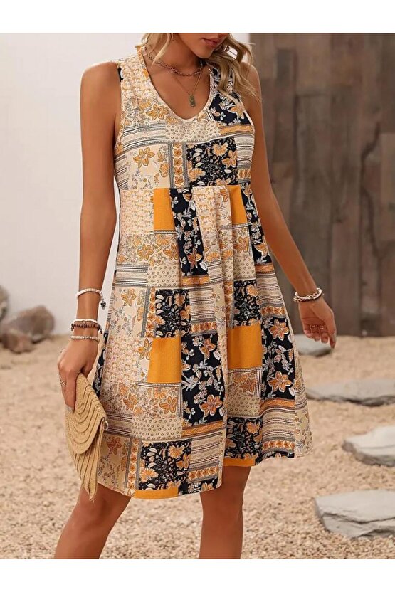 Kadın Sıfır Kol Yuvarlak Yaka çiçek Desenli Süprem Elbise