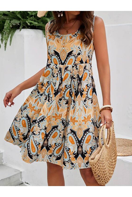 Kadın Sıfır Kol Yuvarlak Yaka çiçek Desenli Süprem Elbise