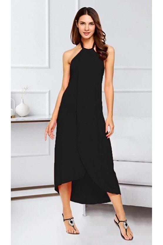 Kadın Omuzlardan Açık Boyundan Geçmeli Asimetrik Kesim Detaylı Viskon Elbise