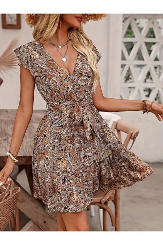 Kadın Kısa Fırfır Kollu V Yakalı Belden Kuşaklı Desenli Süprem Elbise