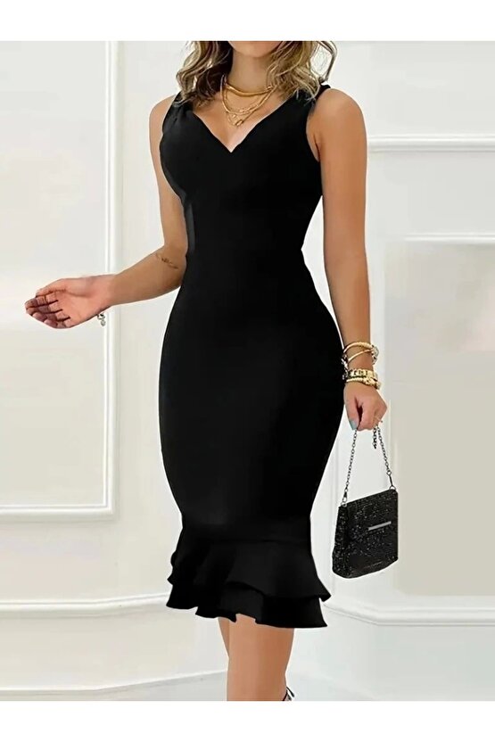 Kadın Askılı V Yaka Arkadan Fermuarlı Dalgıç Elbise