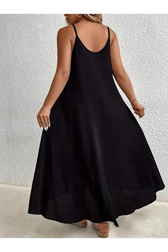 Kadın Boyundan Askılı Damla Detaylı Halkalı Asimetrik Kesim Viskon Elbise