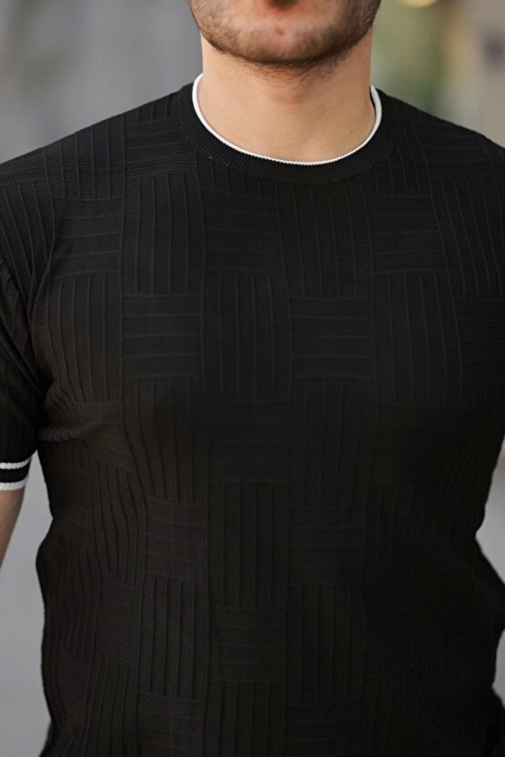 Erkek Jakarlı Ribanalı Kısa Kollu T-shirt