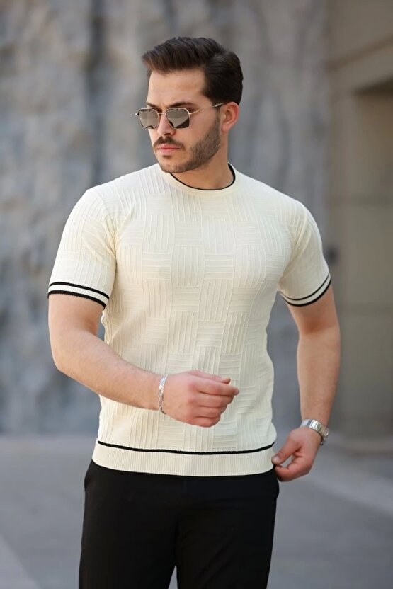 Erkek Jakarlı Ribanalı Kısa Kollu T-shirt