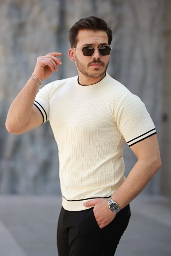 Erkek Jakarlı Ribanalı Kısa Kollu T-shirt