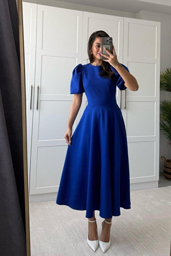 Kadın Kısa Balon Kollu Bisiklet Yaka Geniş Kesim Janjan Krep Elbise