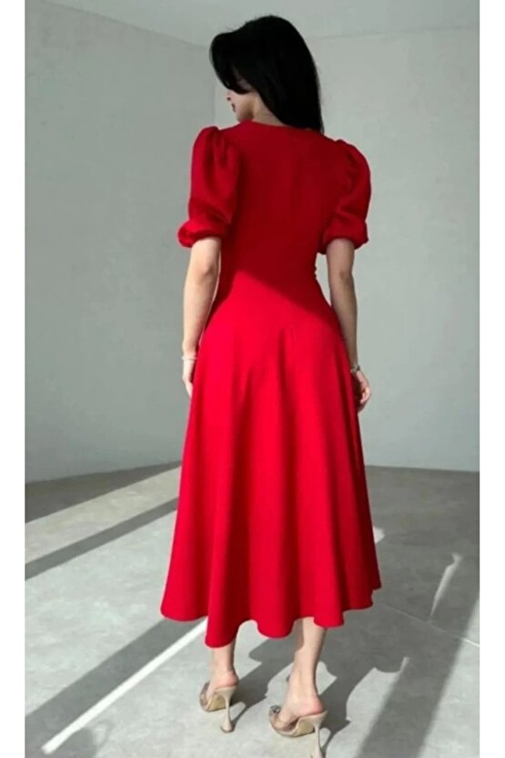 Kadın Kısa Balon Kollu Bisiklet Yaka Geniş Kesim Janjan Krep Elbise