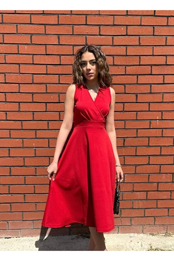 Kadın Ithal Krep Kumaş Kruvaze Yaka Eteği Kloş Kolsuz Mini Elbise