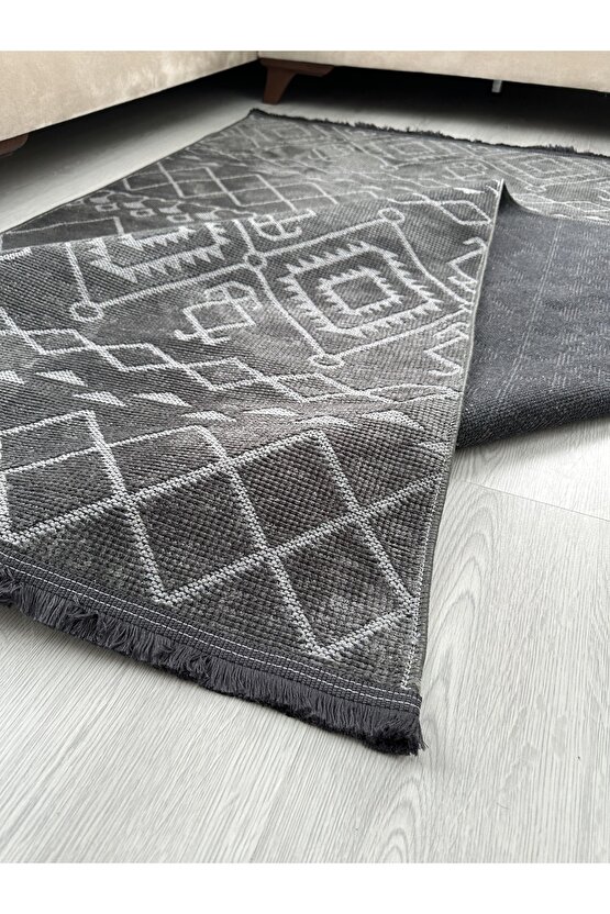 Modern İskandinav Desenli Yıkanabilir Kaymaz Dokuma Taban Şönil Halı Antrasit