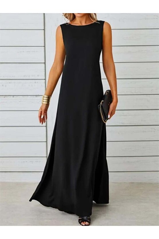 Kadın Kolsuz Kayık Yaka Maksi Janjan Krep Elbise