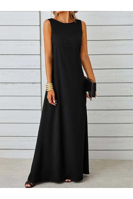 Kadın Kolsuz Kayık Yaka Maksi Janjan Krep Elbise