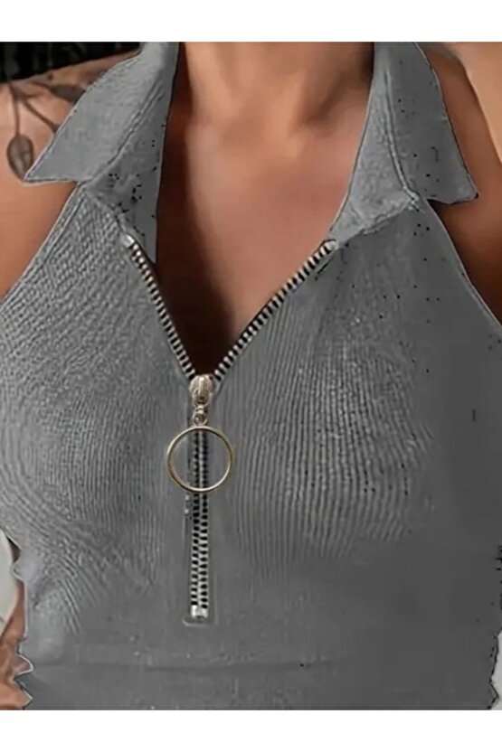 Kadın Kolsuz Polo Yaka önü Fermuarlı Kaşkorse Bluz