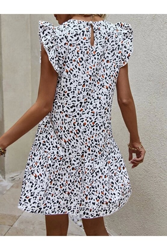 Kadın Kısa Kollu Bisiklet Yaka Etek Ucu Volanlı Kısa Dokuma Elbise