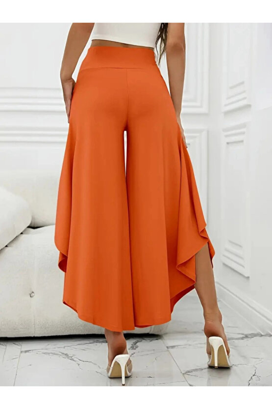 Kadın Yüksek Belli Geniş Paçalı Yanlardan Açık Sandy Pantolon