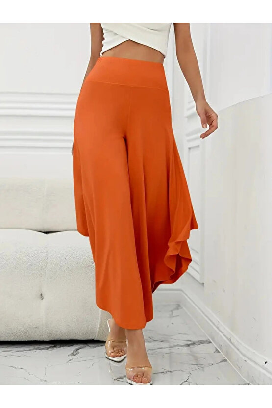 Kadın Yüksek Belli Geniş Paçalı Yanlardan Açık Sandy Pantolon