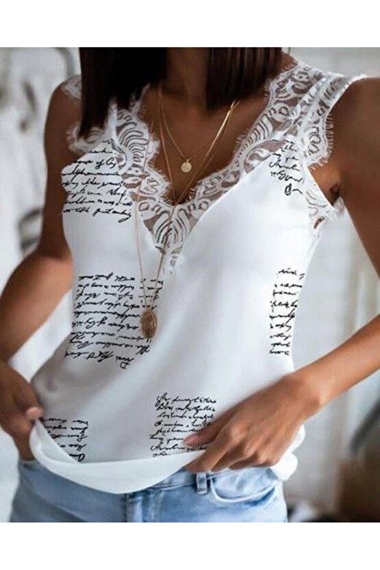 Kadın Mektup Desenli Dantel Detaylı Mikro Kumaş Bluz