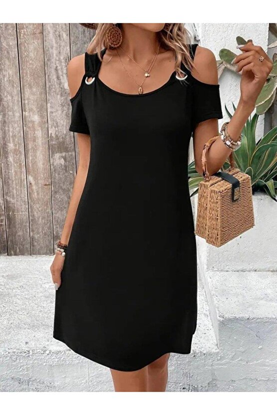 Kadın Askılı Omuzlardan Açık Kısa Kollu Kuş Gözü Detaylı Viskon Elbise