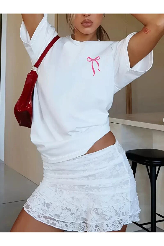 Fiyonk Ön Arka Baskılı Oversize Bisiklet Yaka T-shirt Yazlık - Beyaz