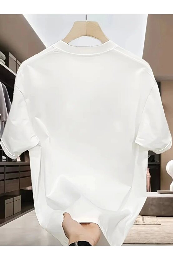 Baskılı Oversize Bisiklet Yaka T-shirt - Beyaz