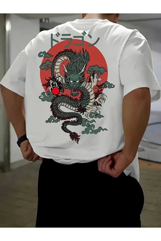 Baskılı Oversize Bisiklet Yaka T-shirt - Beyaz