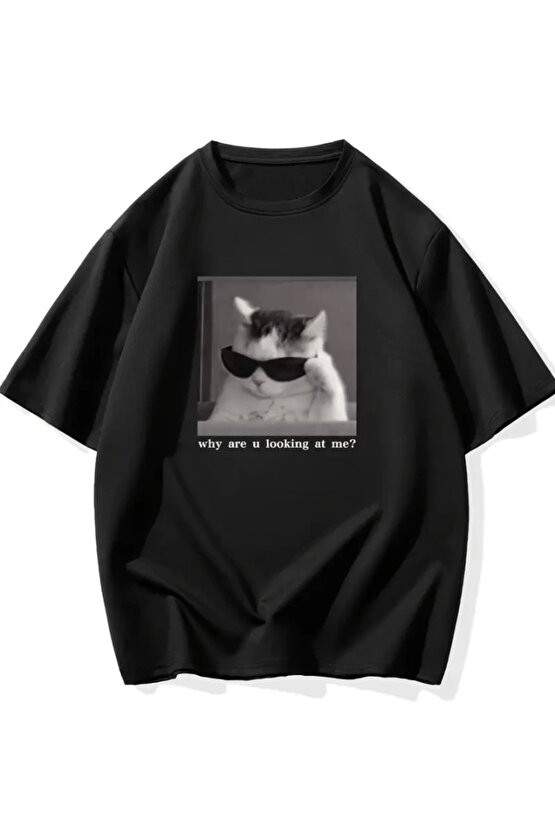 Baskılı Oversize Bisiklet Yaka T-shirt - Siyah