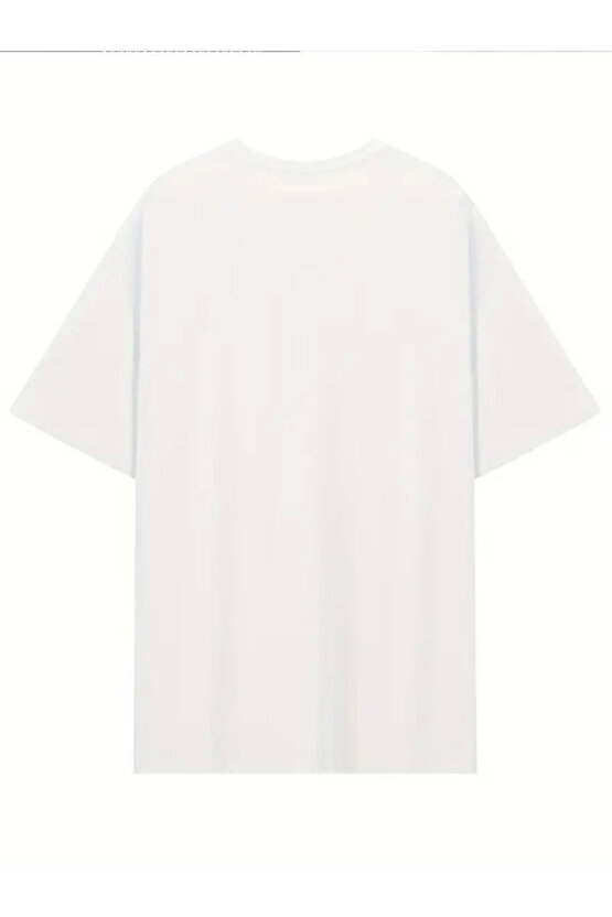 Baskılı Oversize Bisiklet Yaka T-shirt - Beyaz