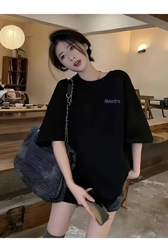 Baskılı Oversize Bisiklet Yaka T-shirt - Siyah