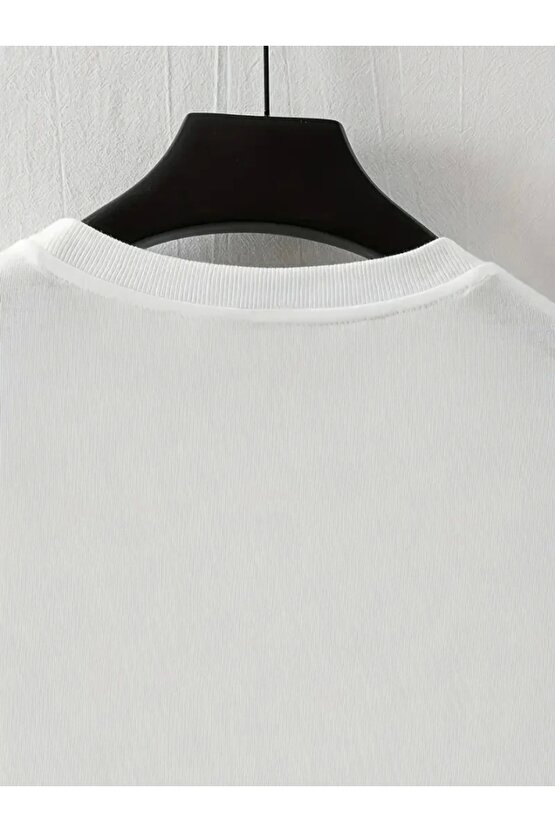 Baskılı Oversize Bisiklet Yaka T-shirt - Beyaz