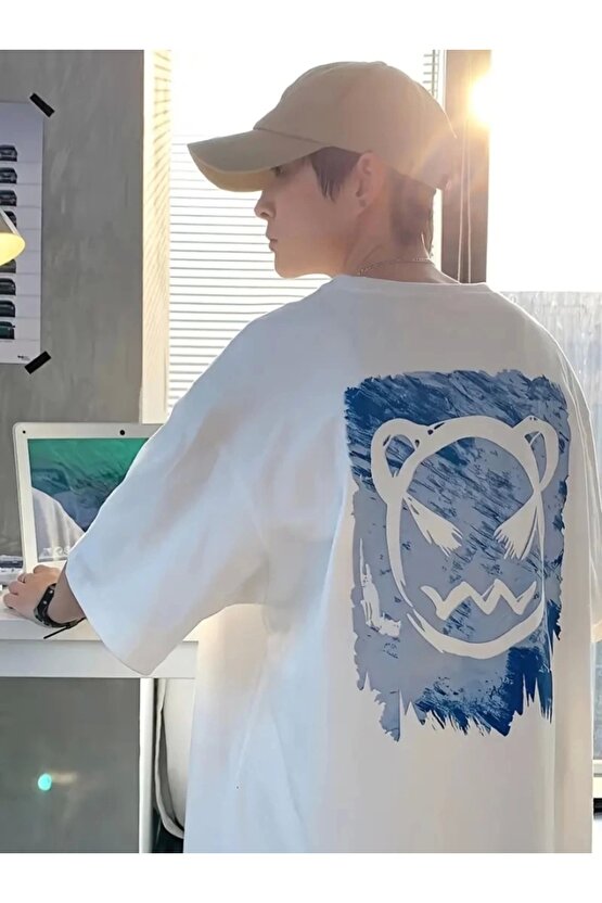 Baskılı Oversize Bisiklet Yaka T-shirt - Beyaz
