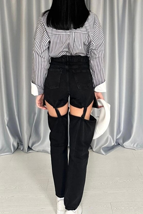 Siyah Askılı İki Parça Jeans Pantolon
