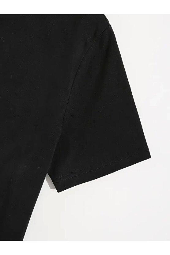 Baskılı Oversize Bisiklet Yaka T-shirt - Siyah