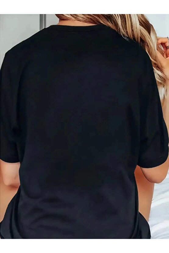 Baskılı Oversize Bisiklet Yaka T-shirt - Siyah