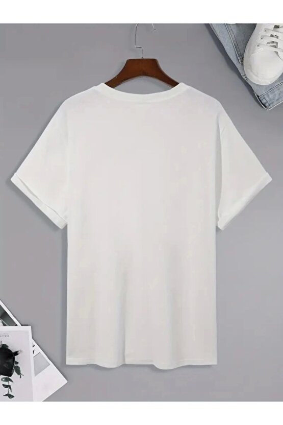 Baskılı Oversize Bisiklet Yaka T-shirt - Beyaz