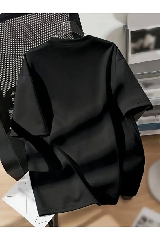 Baskılı Oversize Bisiklet Yaka T-shirt - Siyah