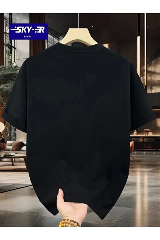 Baskılı Oversize Bisiklet Yaka T-shirt - Siyah