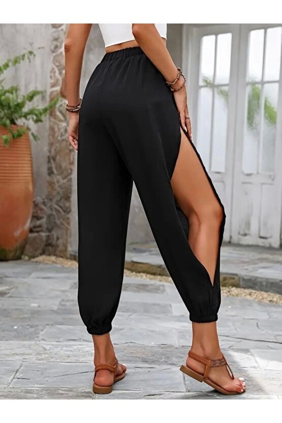 Kadın Yüksek Belli Yanlardan çapraz Detay Yırtmaçlı Viskon Pantolon