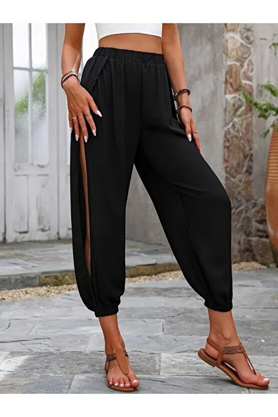 Kadın Yüksek Belli Yanlardan çapraz Detay Yırtmaçlı Viskon Pantolon