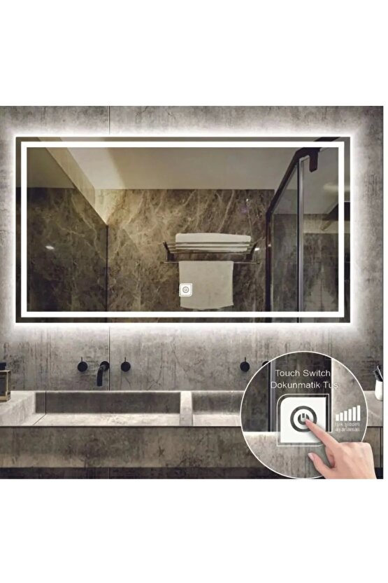 90x70cm Beyaz Ledli Dokunmatik Kumlamalı Ayna