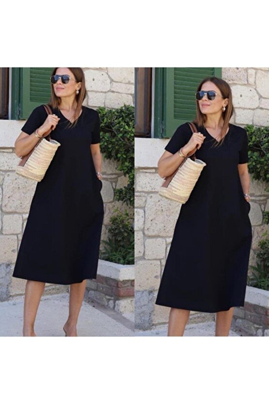 Kadın Kısa Kollu V Yaka Cepli A Kesim Detaylı Viskon Elbise