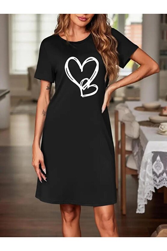 Kadın Kısa Kollu Bisiklet Yaka Kalp Desenli Viskon Elbise