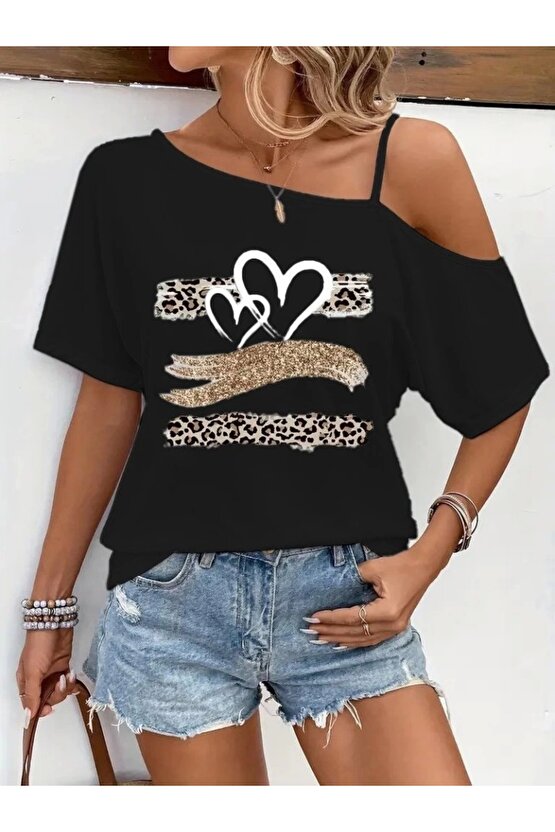 Kadın Tek Omuzu Açık Ip Askılı Baskılı Viskon Bluz