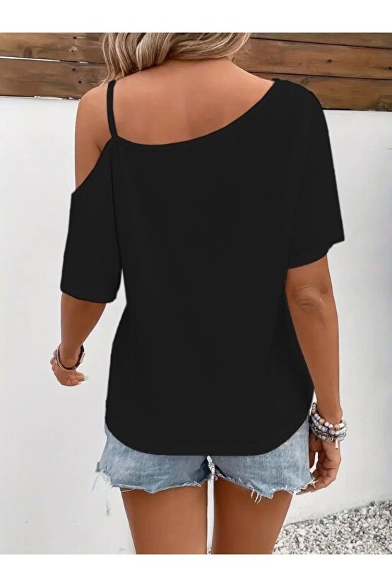 Kadın Tek Omuzu Açık Ip Askılı Baskılı Viskon Bluz