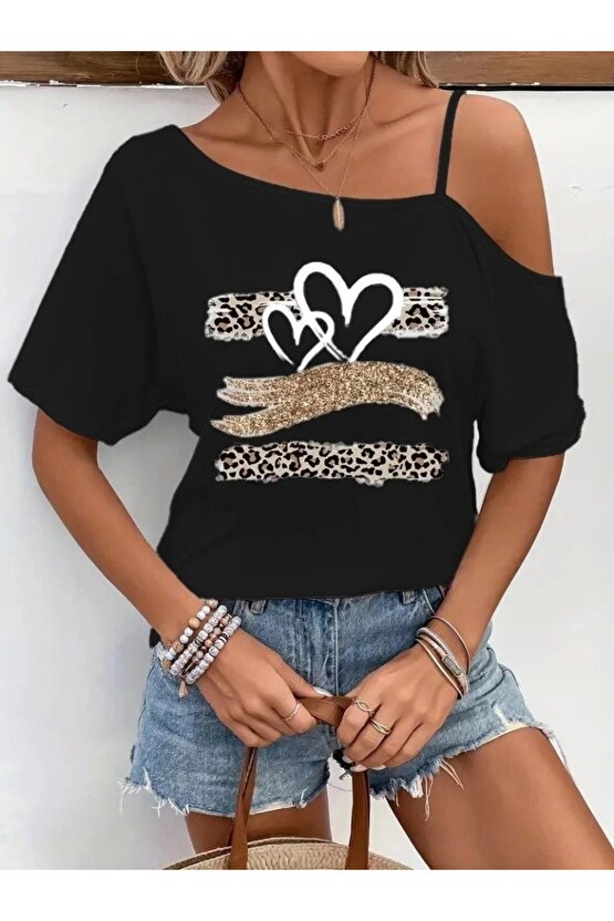 Kadın Tek Omuzu Açık Ip Askılı Baskılı Viskon Bluz