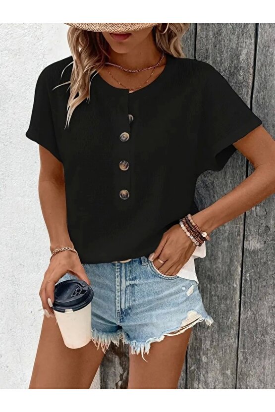 Kadın Kısa Kollu Yakası Açık önden Düğmeli Waffle Bluz
