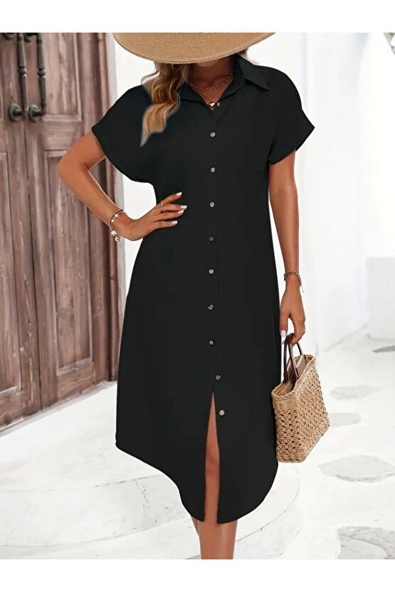 Kadın Kısa Kollu Yakalı Düğme Detay Midi Dokuma Elbise