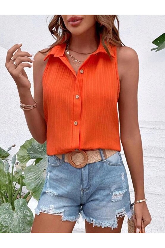 Kadın Sıfır Kol Pamela Kumaş Gömlek