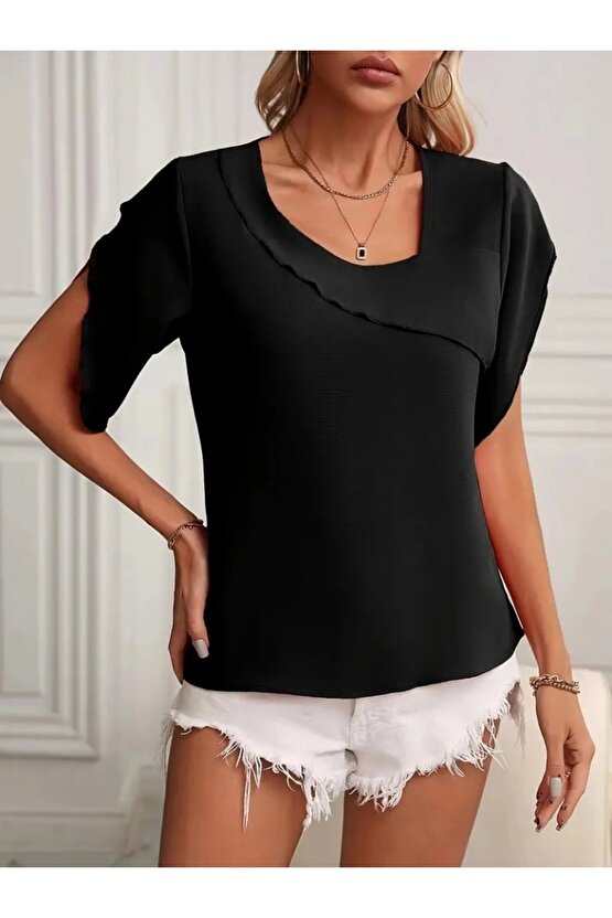 Kadın Kısa Kollu Yaka Ve Kol Detay Jesica Bluz