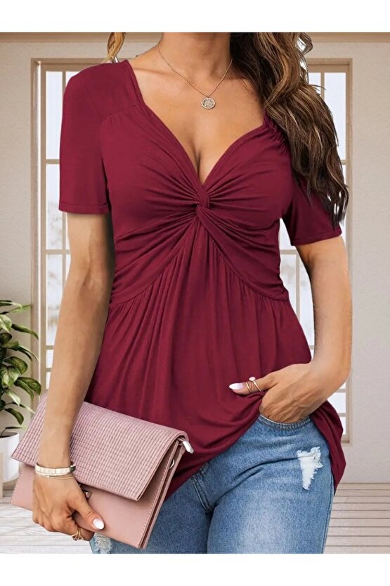 Kadın Kısa Kollu önü Düğüm Detay Viskon Bluz