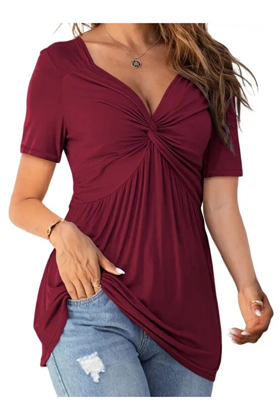 Kadın Kısa Kollu önü Düğüm Detay Viskon Bluz