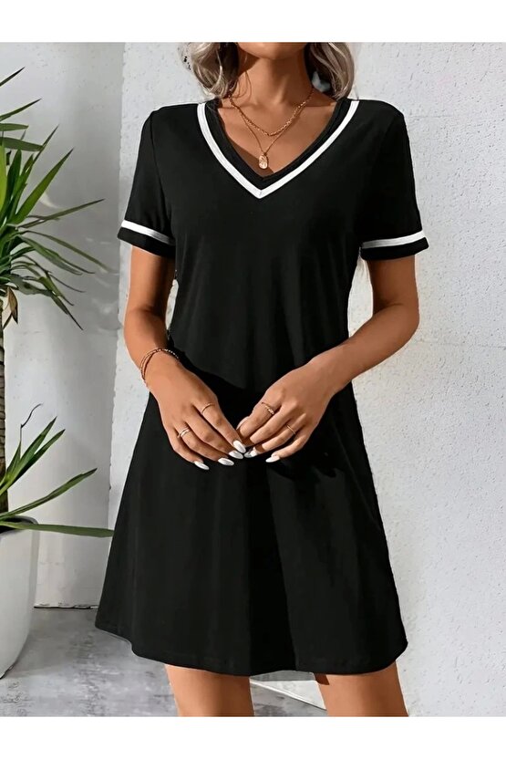 Kadın Kısa Kollu V çizgili Yakalı Kısa Viskon Elbise